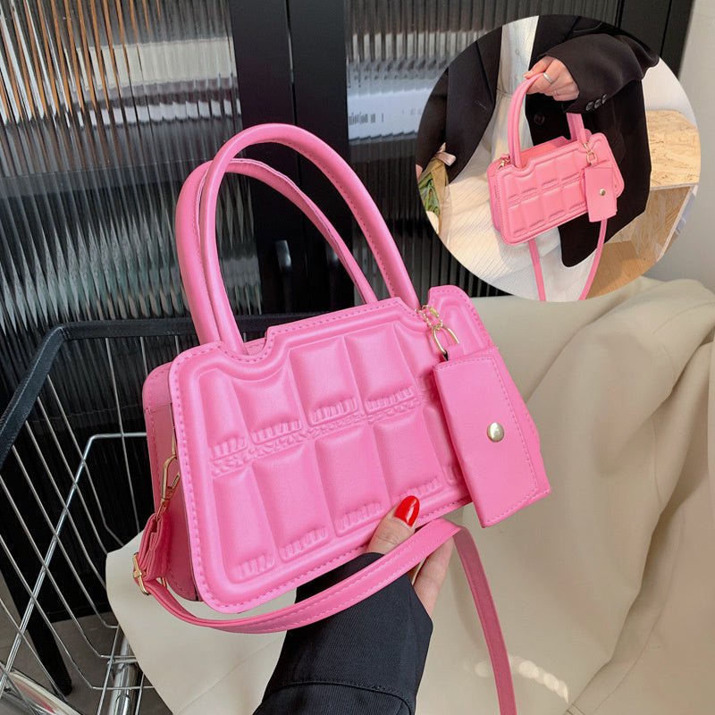Candy Color Shoulder Bag With Small Wallet Fashion Grid Texture Totes Women Handbag - Topezmart