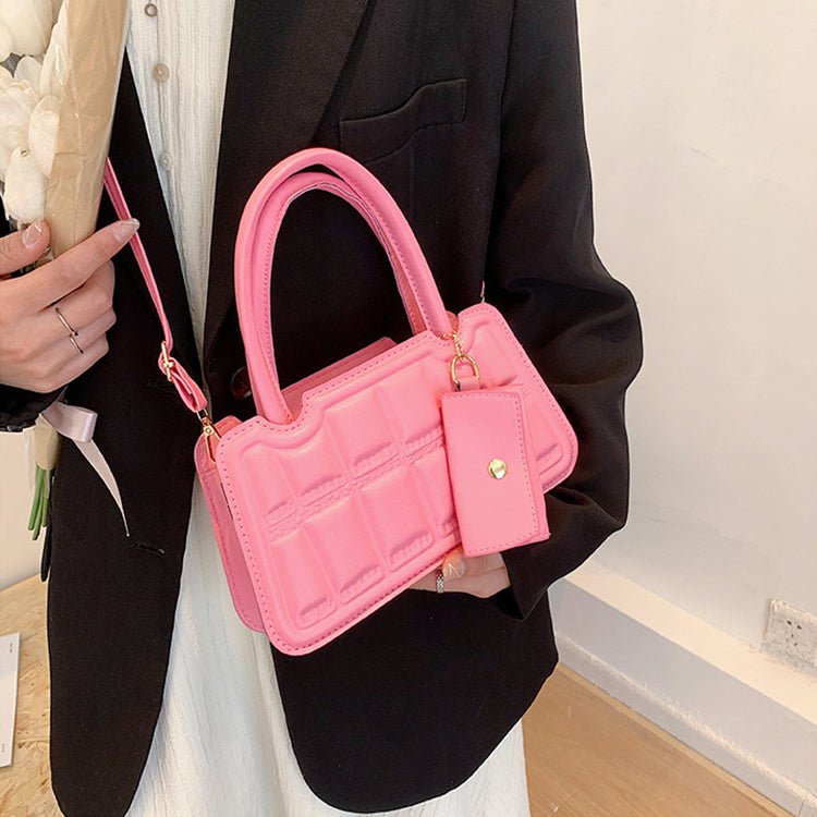 Candy Color Shoulder Bag With Small Wallet Fashion Grid Texture Totes Women Handbag - Topezmart