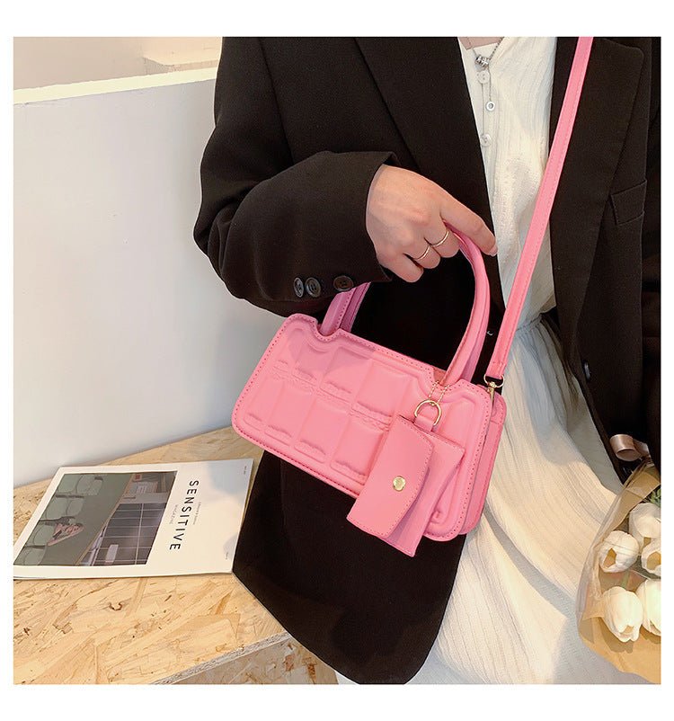 Candy Color Shoulder Bag With Small Wallet Fashion Grid Texture Totes Women Handbag - Topezmart