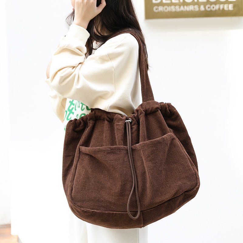 Ins Corduroy Shoulder Bags Drawstring Multi - pocket Handbag Women Underarm Bags - Topezmart