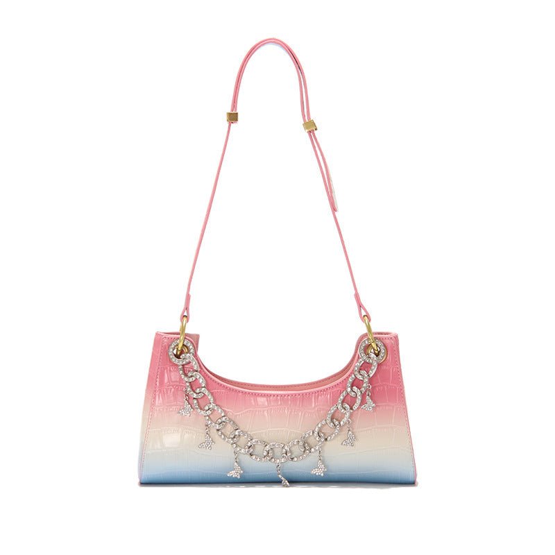 Rainbow Baguette Croc Froggy Gradient Women Shoulder Bags New Fashion Handbag Pearl Chain Diamond Metal Female Bag Summer - Topezmart