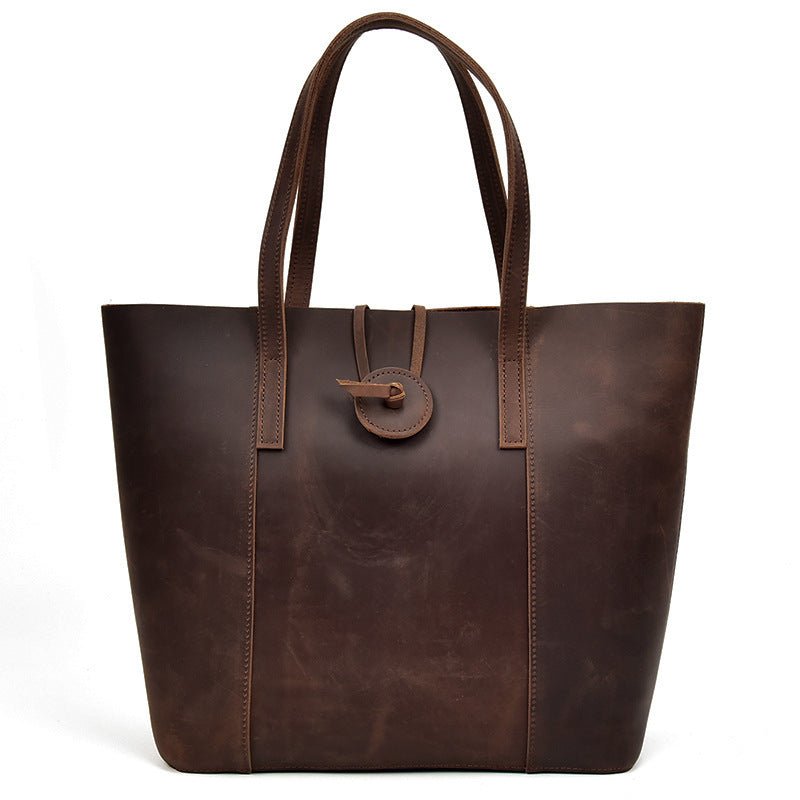 Women Genuine Leather Handbag Crazy Horse Leather Clutch Tote Bags Designer Simple Retro Big Shopping Bag - Topezmart