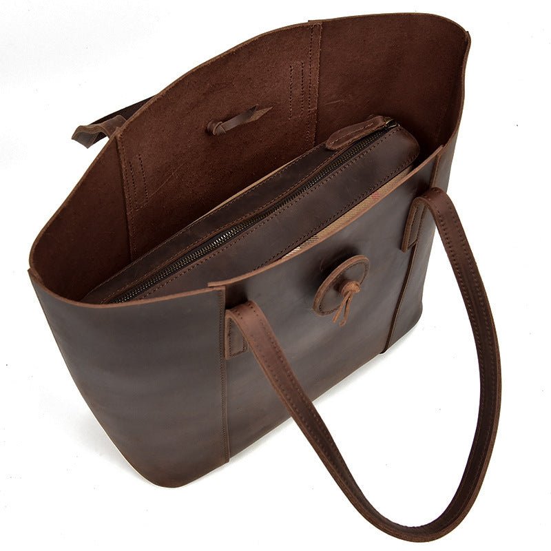 Women Genuine Leather Handbag Crazy Horse Leather Clutch Tote Bags Designer Simple Retro Big Shopping Bag - Topezmart
