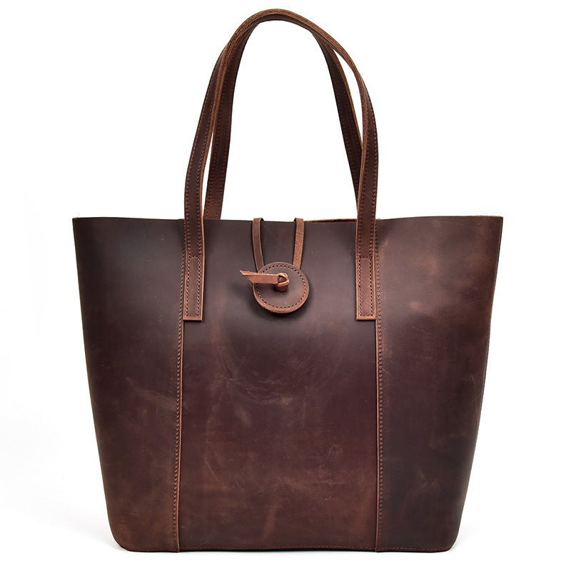 Women Genuine Leather Handbag Crazy Horse Leather Clutch Tote Bags Designer Simple Retro Big Shopping Bag - Topezmart