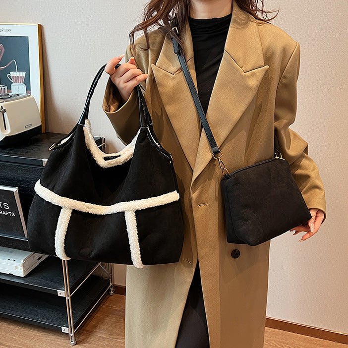 2pcs Women Plush Totes Casual Large - capacity Suede Handbag Winter Bags - Topezmart