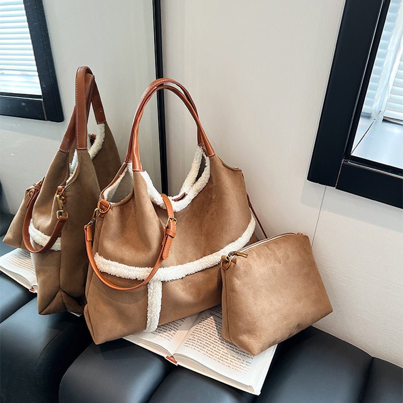 2pcs Women Plush Totes Casual Large - capacity Suede Handbag Winter Bags - Topezmart