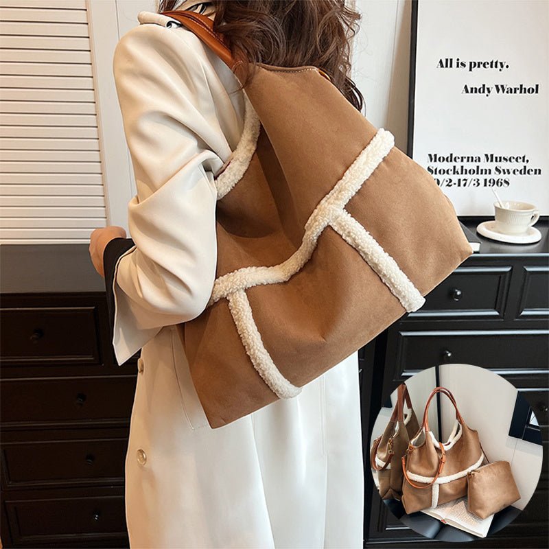 2pcs Women Plush Totes Casual Large - capacity Suede Handbag Winter Bags - Topezmart