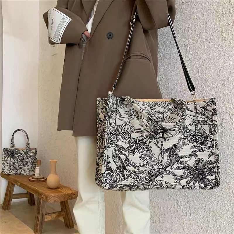 Casual Embroidery Canvas Handbag Women Large Capacity Handle Bag - Topezmart