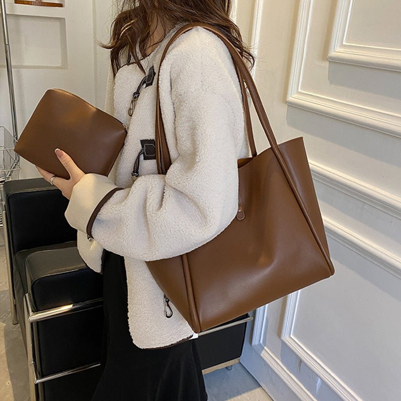 Casual Large Capacity Tote Bags For Women Fashion Solid Color Shopping Shoulder Bag With Wallet Ladies Handbag - Topezmart