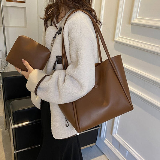 Casual Large Capacity Tote Bags For Women Fashion Solid Color Shopping Shoulder Bag With Wallet Ladies Handbag - Topezmart