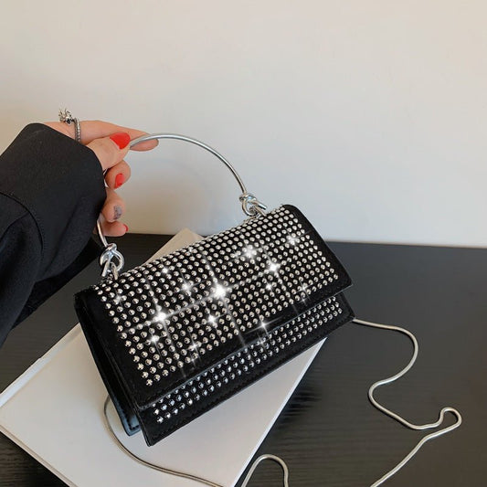 Chain Crossbody Bag Women Handbag Glitter Crystals Plain Daily Silver Black Shoulder Bag - Topezmart