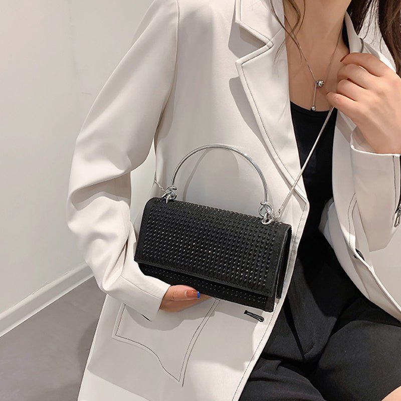 Chain Crossbody Bag Women Handbag Glitter Crystals Plain Daily Silver Black Shoulder Bag - Topezmart