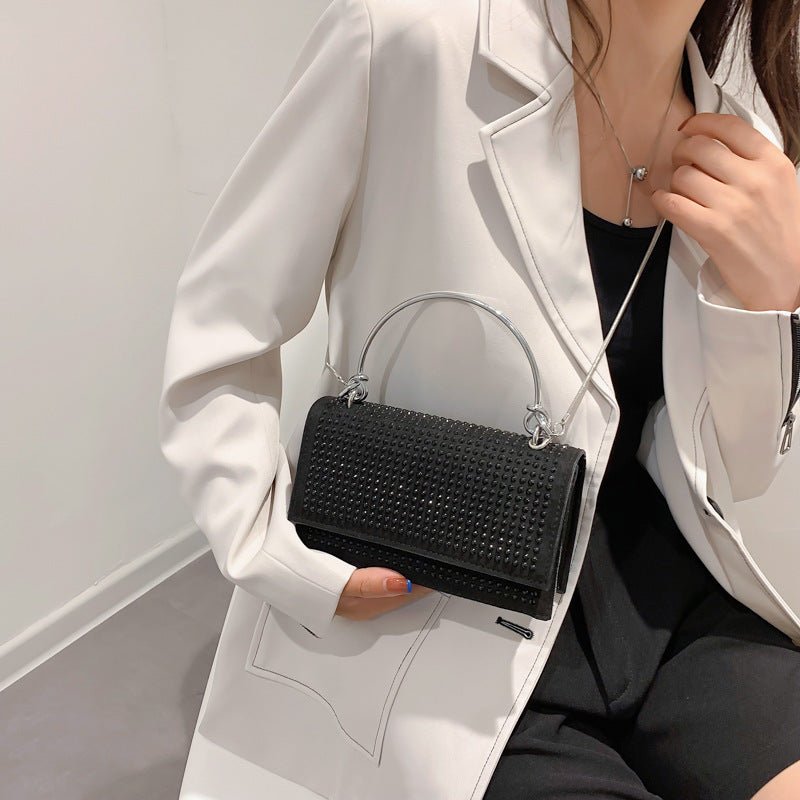 Chain Crossbody Bag Women Handbag Glitter Crystals Plain Daily Silver Black Shoulder Bag - Topezmart