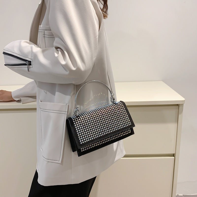 Chain Crossbody Bag Women Handbag Glitter Crystals Plain Daily Silver Black Shoulder Bag - Topezmart