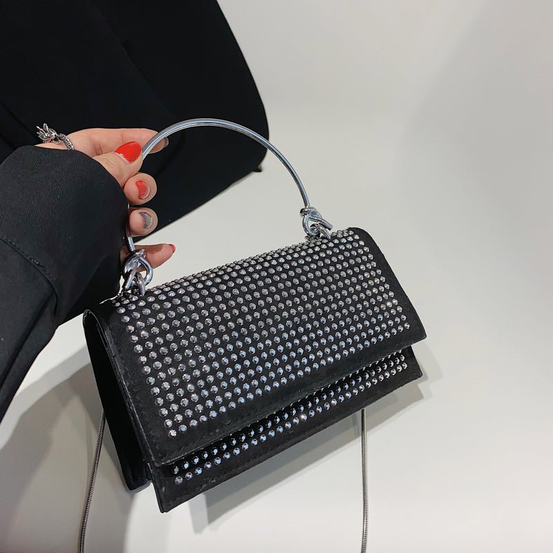 Chain Crossbody Bag Women Handbag Glitter Crystals Plain Daily Silver Black Shoulder Bag - Topezmart