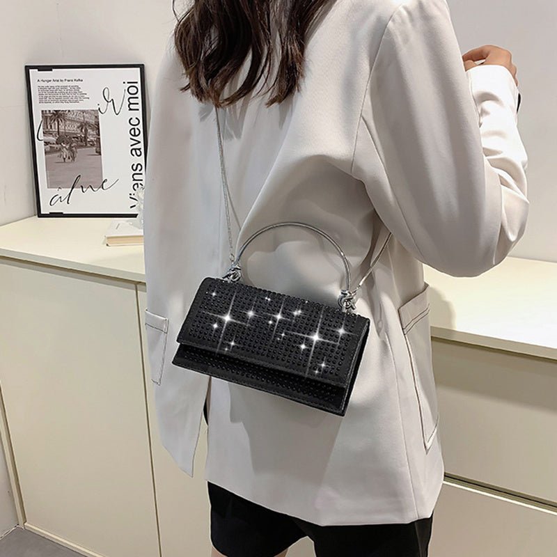 Chain Crossbody Bag Women Handbag Glitter Crystals Plain Daily Silver Black Shoulder Bag - Topezmart