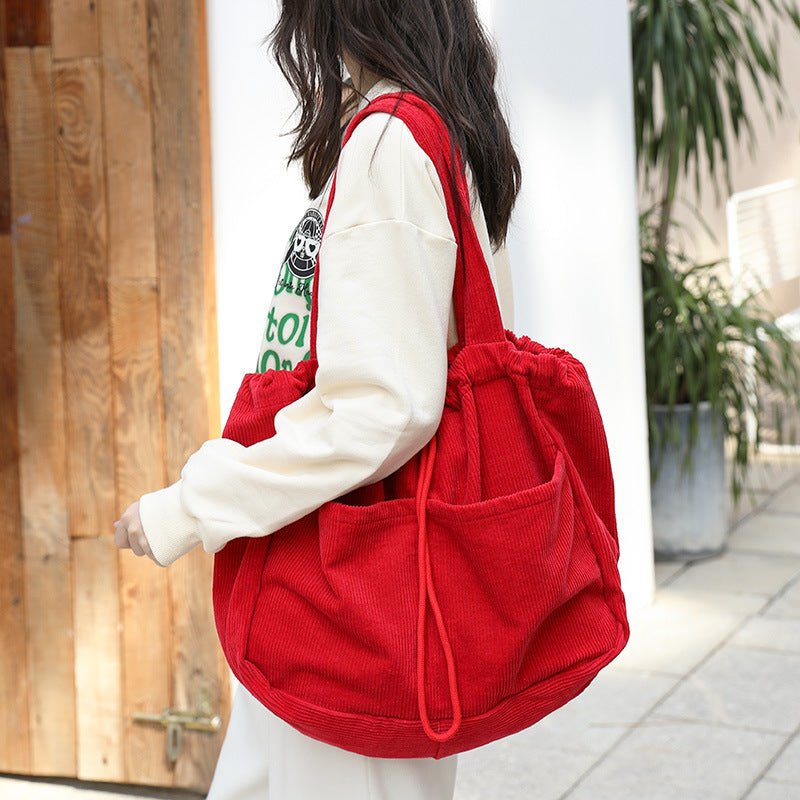 Ins Corduroy Shoulder Bags Drawstring Multi - pocket Handbag Women Underarm Bags - Topezmart