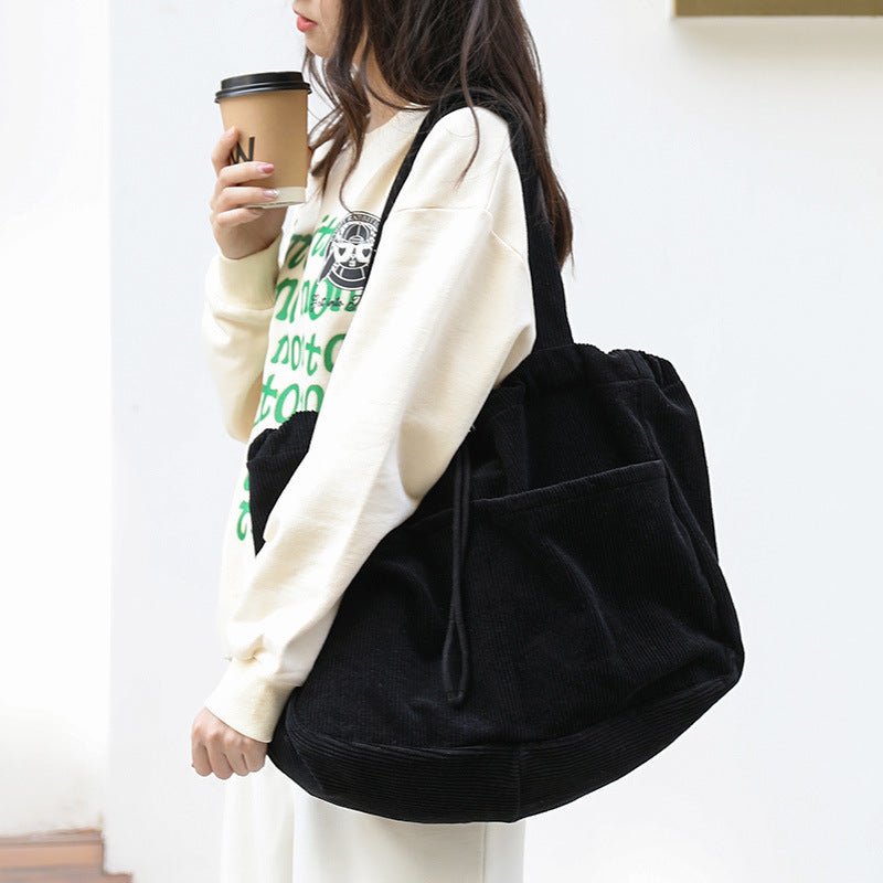 Ins Corduroy Shoulder Bags Drawstring Multi - pocket Handbag Women Underarm Bags - Topezmart
