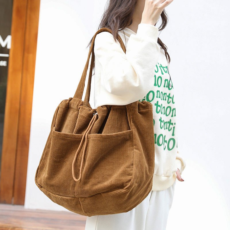 Ins Corduroy Shoulder Bags Drawstring Multi - pocket Handbag Women Underarm Bags - Topezmart
