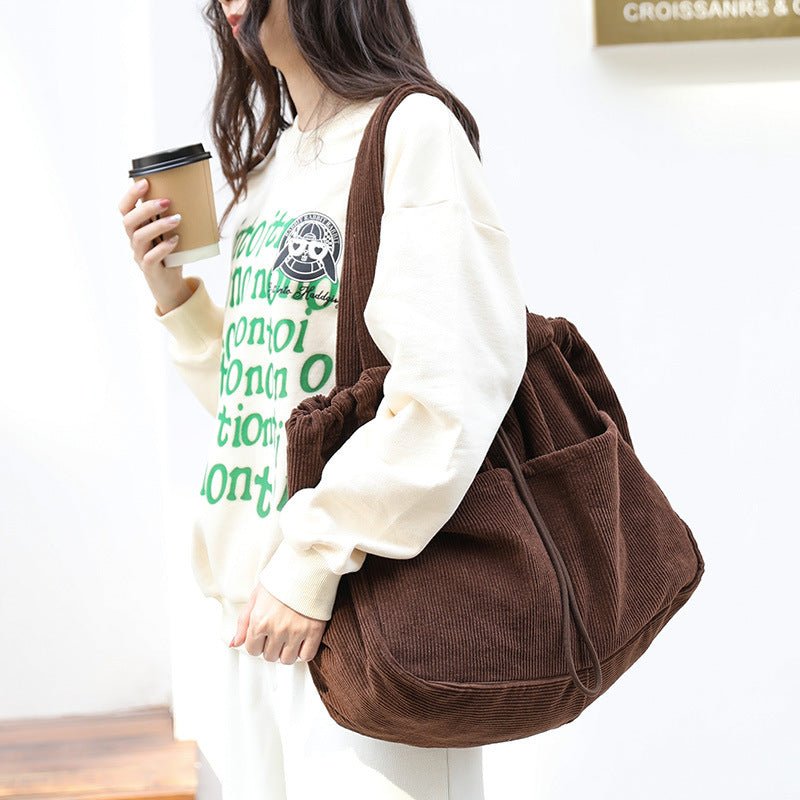 Ins Corduroy Shoulder Bags Drawstring Multi - pocket Handbag Women Underarm Bags - Topezmart