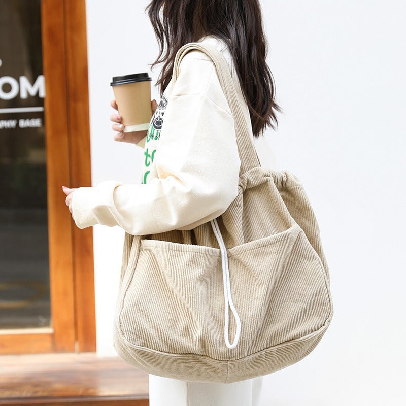 Ins Corduroy Shoulder Bags Drawstring Multi - pocket Handbag Women Underarm Bags - Topezmart