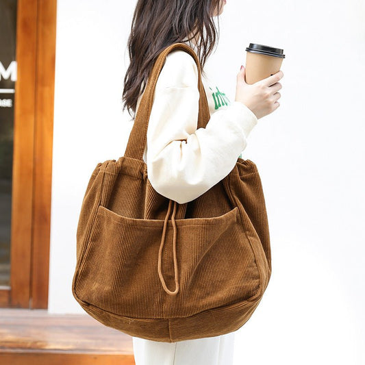 Ins Corduroy Shoulder Bags Drawstring Multi - pocket Handbag Women Underarm Bags - Topezmart