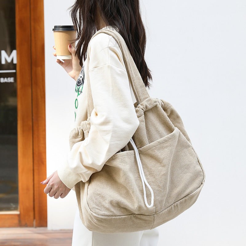 Ins Corduroy Shoulder Bags Drawstring Multi - pocket Handbag Women Underarm Bags - Topezmart