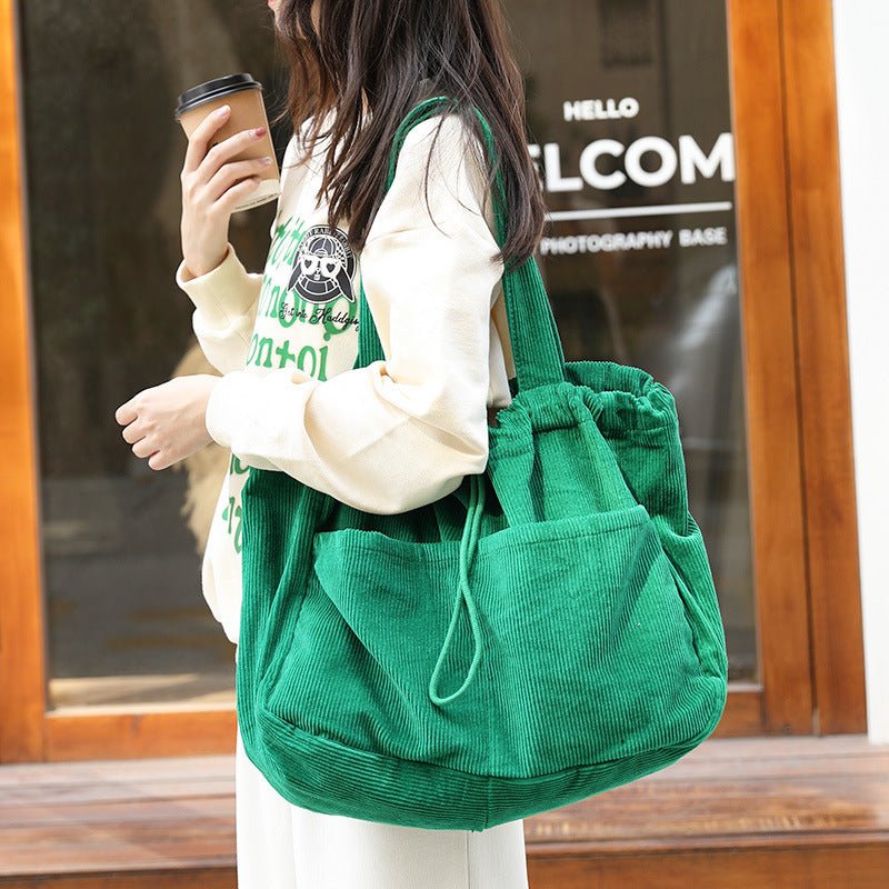 Ins Corduroy Shoulder Bags Drawstring Multi - pocket Handbag Women Underarm Bags - Topezmart