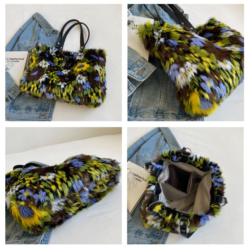 Winter Plush Bags Women Flowers Shoulder Bag Handbag - Topezmart
