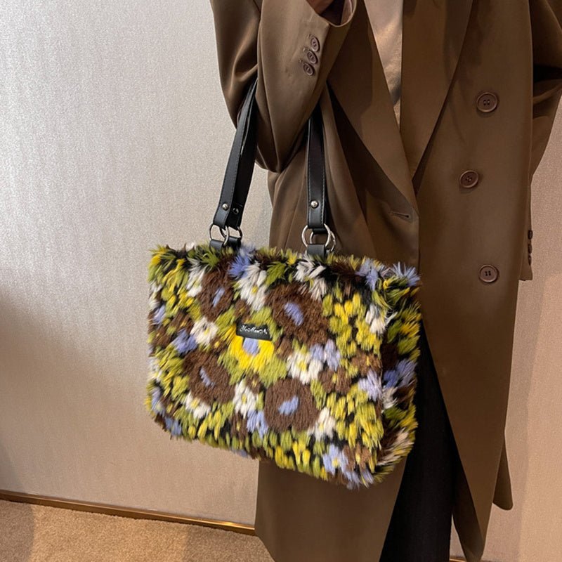Winter Plush Bags Women Flowers Shoulder Bag Handbag - Topezmart