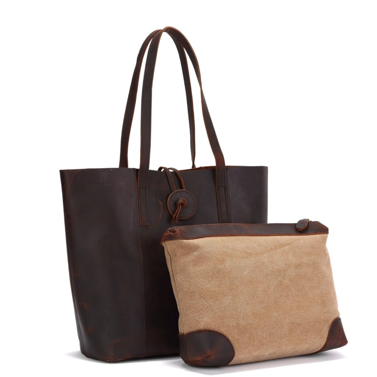 Women Genuine Leather Handbag Crazy Horse Leather Clutch Tote Bags Designer Simple Retro Big Shopping Bag - Topezmart